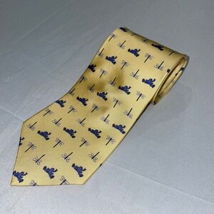 Peace Frogs Mens Silk Necktie Yellow Blue Frog Dragonfly Novelty Print Tie